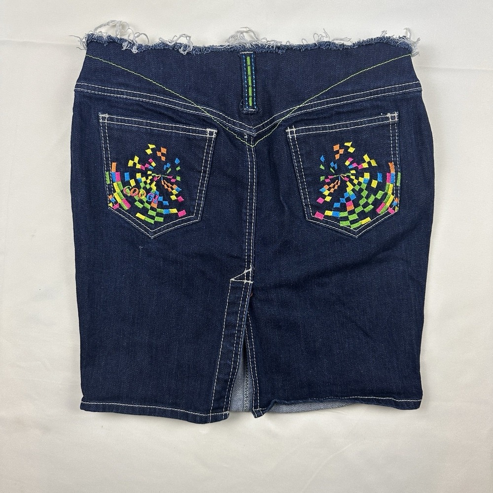 COOGI Y2K Denim Mini Skirt Women's Size 1/2 Jean Skirt Embroidered Distressed - Picture 2 of 12